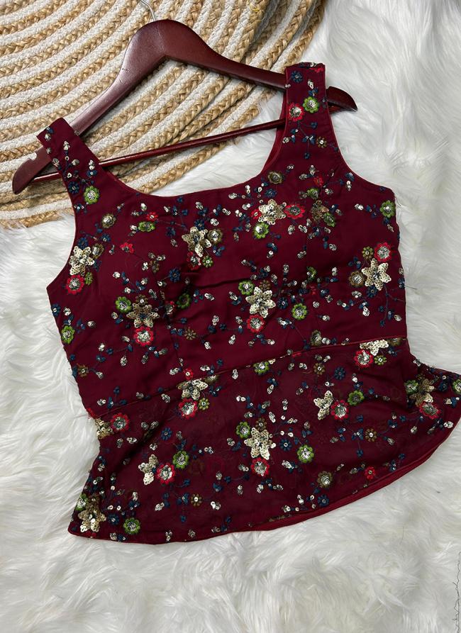 Georgette Silk Maroon Traditional Wear Embroidery Work Crop Top